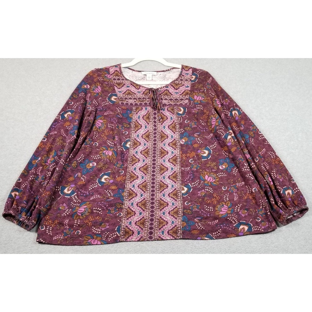 Vintage America Top Women L Large Purple Floral Boho Peasant Blouse Long Sleeve - Picture 1 of 12